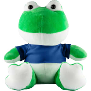 A green frog plush toy with a white belly and blue shirt, featuring large eyes and a friendly expression.
