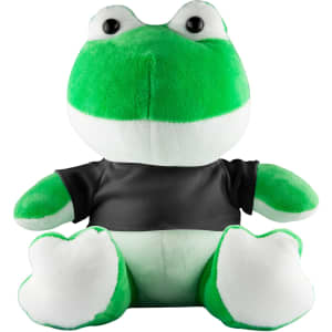 A green frog plush toy with a white belly and black shirt, featuring large eyes and a friendly expression.