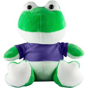 A green frog plush toy with a purple shirt, featuring large eyes and a soft, cuddly design. It has a logo on the shirt.