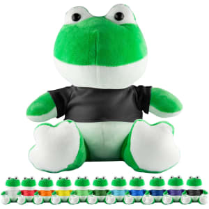 A green frog plush toy with a black shirt, sitting upright. Several smaller frog plush toys in various colours are displayed below.