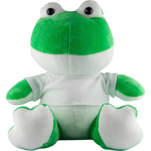 A green and white plush frog with large eyes, wearing a plain white t-shirt.