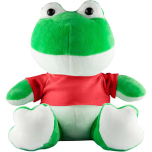 A green frog plush toy wearing a red shirt, with oversized eyes and a soft, round body.