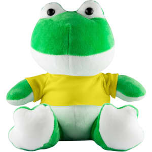 A green frog plush toy with a white belly, wearing a yellow shirt, featuring large eyes and a friendly expression.