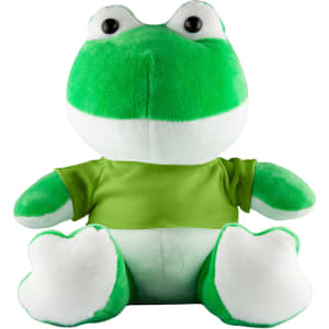 A green frog plush toy with a white belly and a green shirt, featuring large eyes and soft, round features.