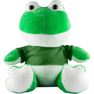 A green frog plush toy wearing a green shirt, featuring large eyes and a rounded body with white detailing.