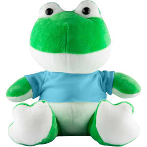 A green frog plush toy with a white belly and blue shirt, featuring large eyes and a friendly expression.