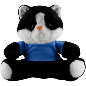 A plush toy cat with black and white fur, wearing a blue shirt and sitting in a relaxed position.
