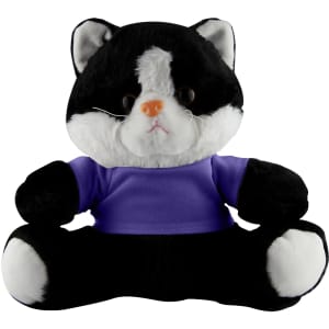 A plush cat toy with a black and white design, wearing a purple shirt and sitting upright. It has large, expressive eyes.