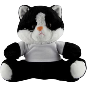 A black and white cat plush toy sitting upright, wearing a plain white shirt with a soft, cuddly texture.