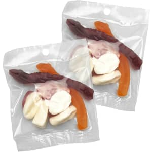 Two clear packets containing a mix of jelly lollies in various colours, including red, orange, and white.