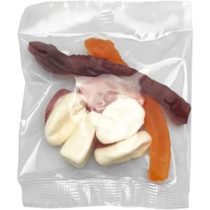 A clear packet containing a mix of colourful jelly lollies in various shapes, including red, orange, and white.