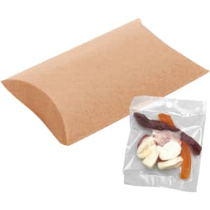 A pillow-shaped box in a natural colour, alongside a clear bag of mixed jelly lollies in various colours.