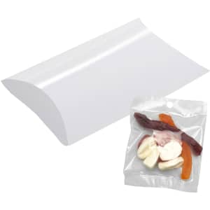 A pillow box with a clear packaging containing colourful mixed jelly lollies, including red, orange, and white sweets.
