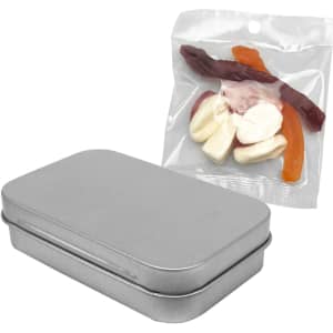A silver tin contains mixed lollies in various colours, alongside a clear bag featuring the same confectionery.