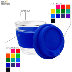 A glass coffee cup with a blue silicone lid and band, featuring various colour options for customization.
