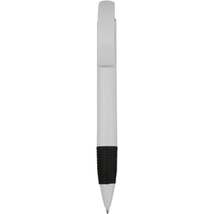 A plastic pen in white with a black grip and a logo.