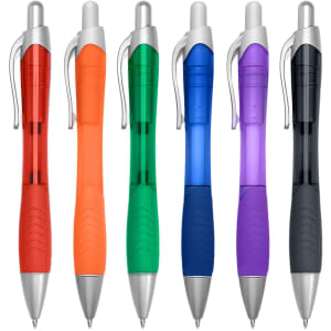 A set of six plastic pens in red, orange, green, blue, purple, and black with silver accents. Each pen features a grip and click mechanism.