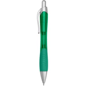 A green plastic pen with a silver clip and tip, featuring a textured grip. It has a logo on its body.