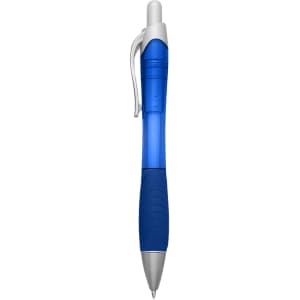 A blue plastic pen with a silver clip and grip section, featuring a logo on its body.