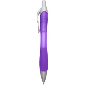 A purple plastic pen featuring a textured grip and a silver clip. Includes branding on the body.