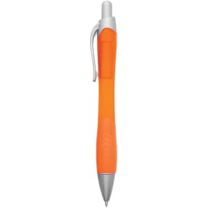 An orange plastic pen with a silver clip and grip, featuring a transparent section.