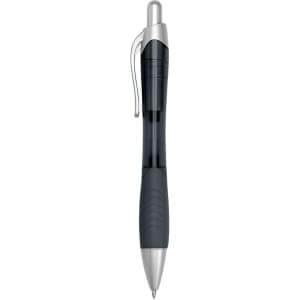 A plastic pen in black with a silver clip and tip, featuring a textured grip. It has a logo on the barrel.