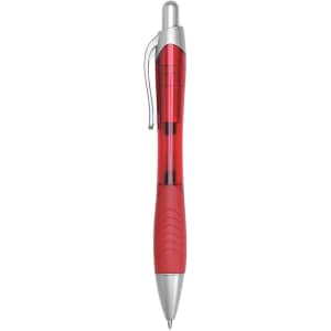 A red plastic pen with a silver clip and tip, featuring a textured grip. The pen has a logo.