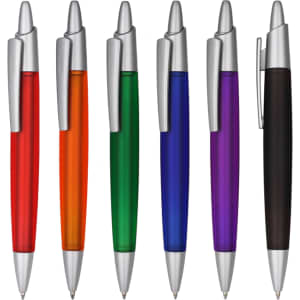 A collection of plastic pens in various colours including red, orange, green, blue, purple, and black, each with a silver accent.