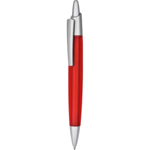 A red plastic pen with a silver clip. The pen features a smooth finish and a logo on its surface.