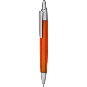 An orange plastic pen with a silver clip and tip. Features a branding logo.