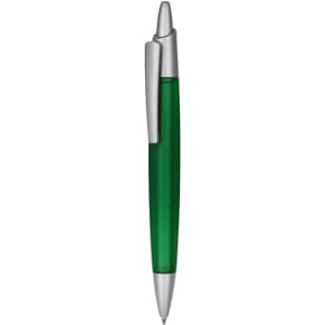 A plastic pen with a green barrel and a silver clip. It features a sleek design with a simple logo.