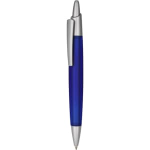 A plastic pen with a blue barrel and silver accents, featuring a clip and a logo.