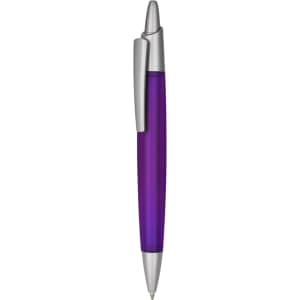 A plastic pen in purple with a silver clip and tip, featuring a branding logo.