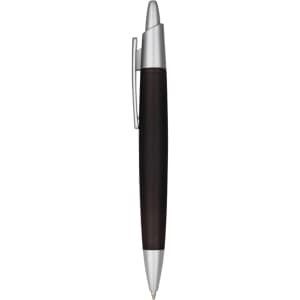 A plastic pen in black with silver accents, featuring a smooth design and a clip for easy attachment.