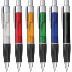 A collection of six plastic pens in clear, red, orange, green, blue, and black, featuring silver accents and rubber grips.
