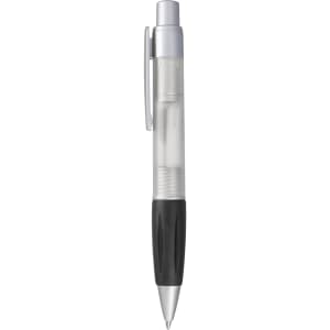 A plastic pen with a transparent barrel and black grip, featuring a silver clip and tip.