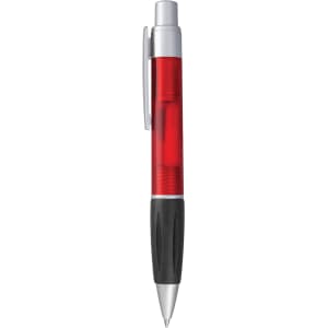 A red plastic pen with a black grip and a silver clip. The pen features a branding logo.