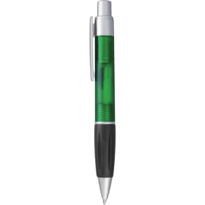 A plastic pen named "Diplomat" featuring a green barrel, silver accents, and a black grip. It has a branding logo.