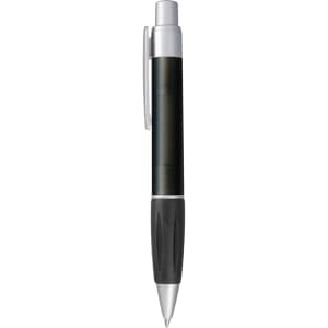 A plastic pen in black with a silver clip and a textured grip. The pen has a logo on it.