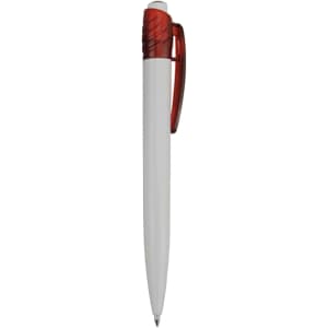 A plastic pen featuring a white barrel and a red grip and clip. It has a black ink tip and a logo on the side.