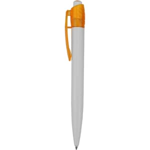 A plastic pen with a white barrel and an orange clip, featuring a logo on the surface.
