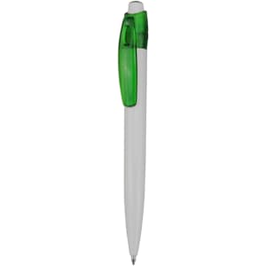 A plastic pen with a white barrel and a green clip. The pen features a logo.