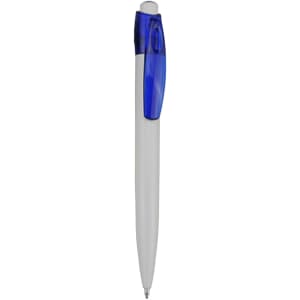 A plastic pen with a white barrel and a blue cap. The pen has a logo on its body.
