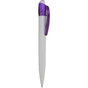 A plastic pen in white with a purple cap and clip, featuring a logo on the barrel.
