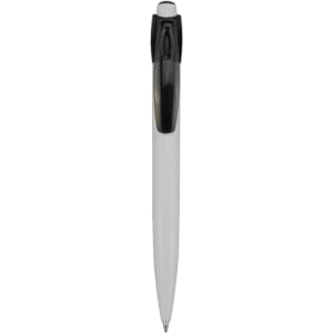 A plastic pen featuring a white barrel and a black cap, with a branding logo on the side.