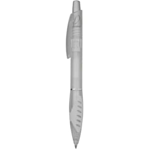 A plastic pen in clear and grey tones, featuring a textured grip and a clip. It has a logo on the side.