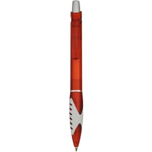 A plastic pen in vibrant red with a white grip and a silver clip. Includes branding on the barrel.