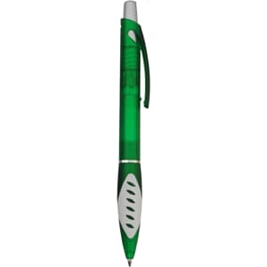 A green plastic pen with a grey clip and grip, featuring a logo on the body.