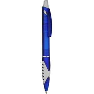A blue plastic pen with a grip section and a clip, featuring a logo on the side.