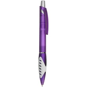A purple plastic pen featuring a silver clip and white grip, with a logo on the barrel.